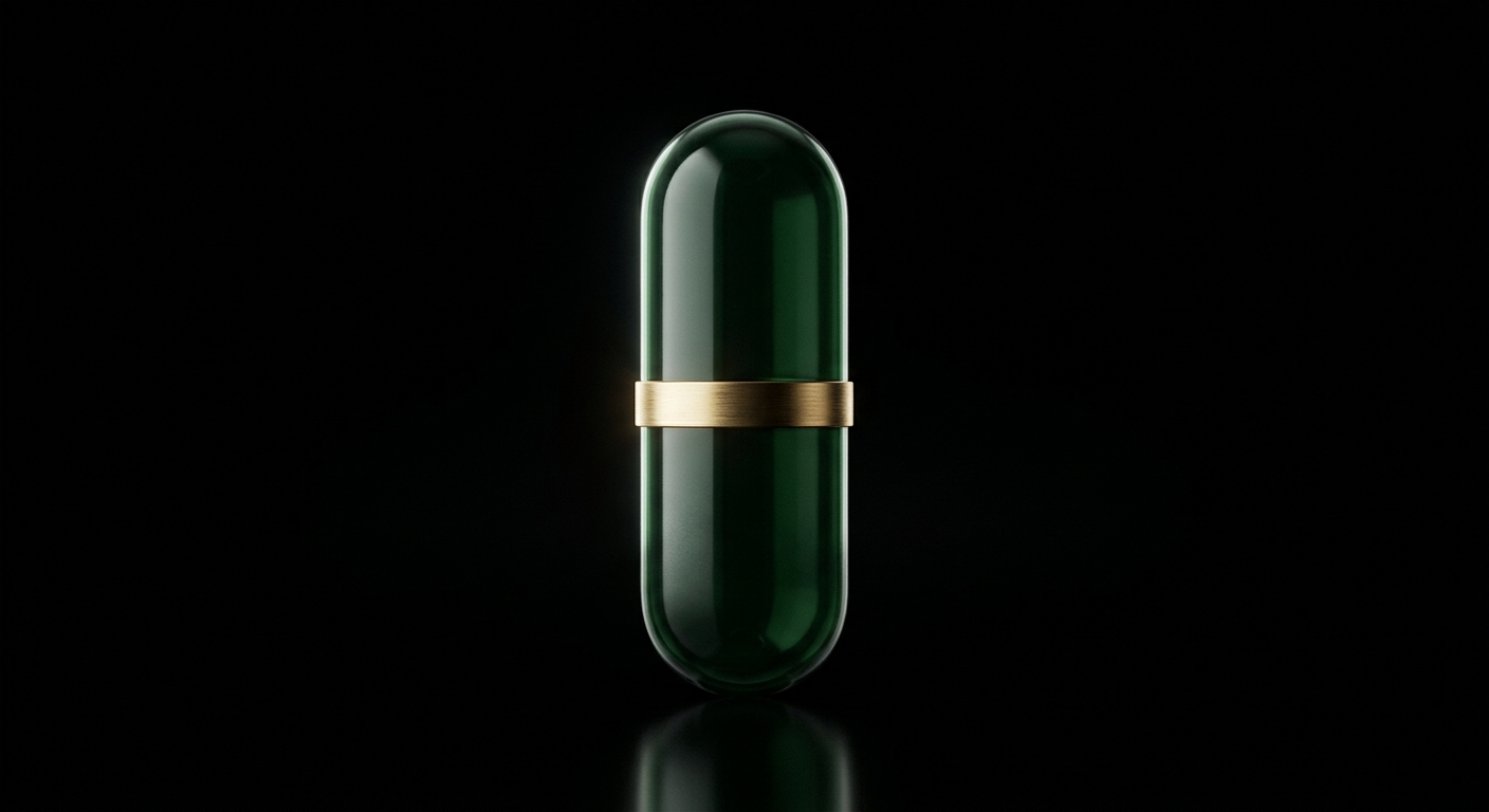 A dark green capsule with a thin brushed gold band, photographed on black.