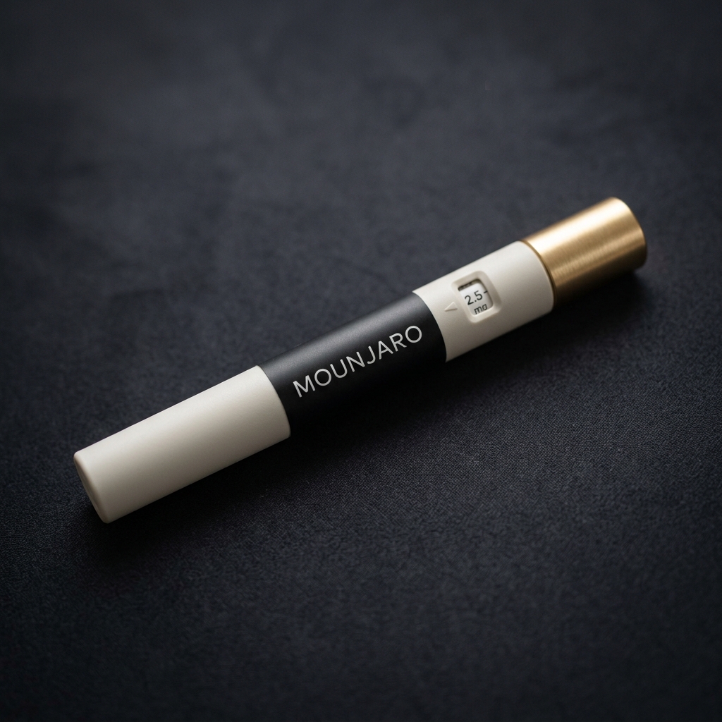 Mounjaro compounded medication vial — amber glass with brushed gold cap, photographed on a soft charcoal backdrop.