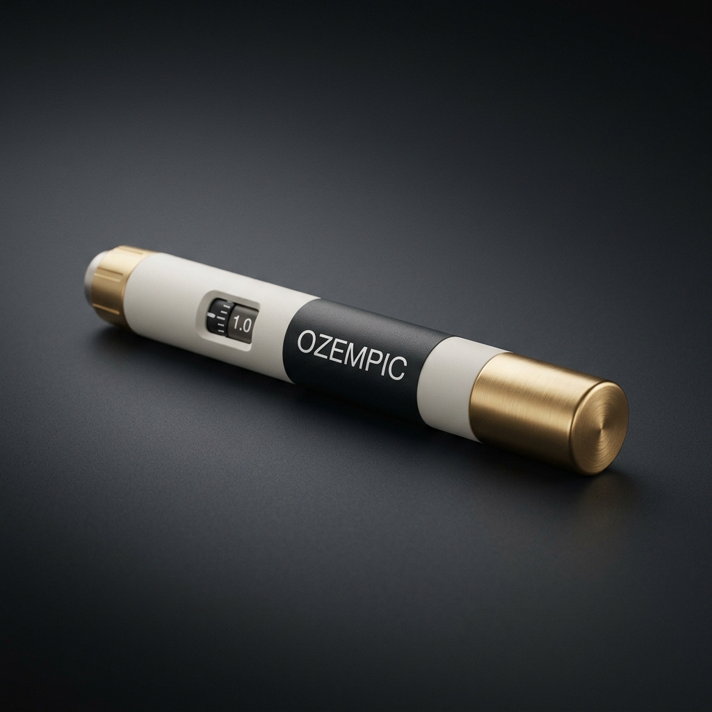 Ozempic compounded medication vial — amber glass with brushed gold cap, photographed on a soft charcoal backdrop.