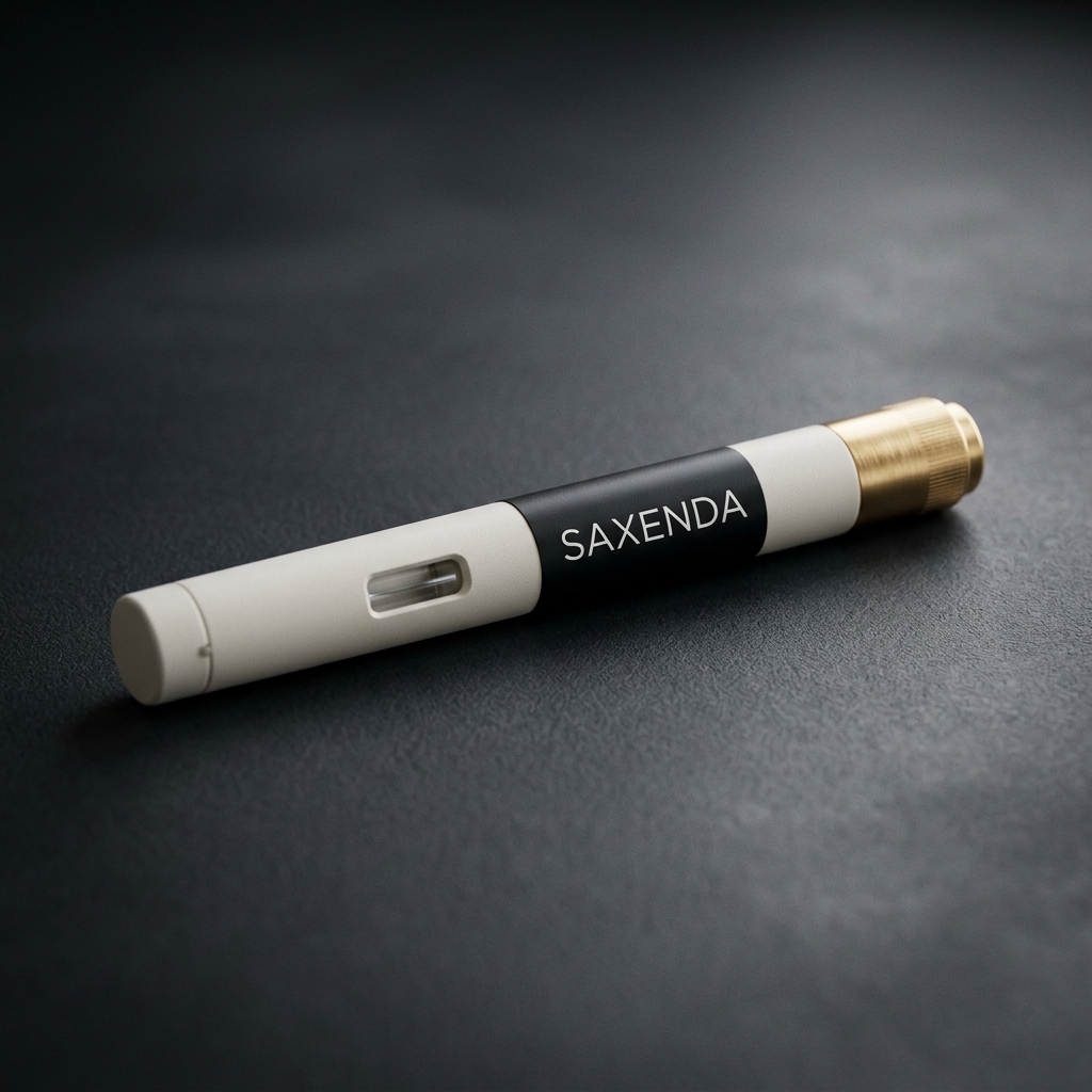 Saxenda compounded medication vial — amber glass with brushed gold cap, photographed on a soft charcoal backdrop.