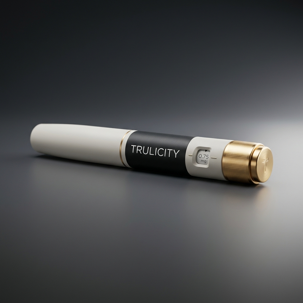 Trulicity compounded medication vial — amber glass with brushed gold cap, photographed on a soft charcoal backdrop.