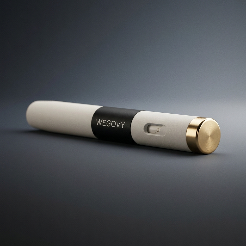 Wegovy compounded medication vial — amber glass with brushed gold cap, photographed on a soft charcoal backdrop.
