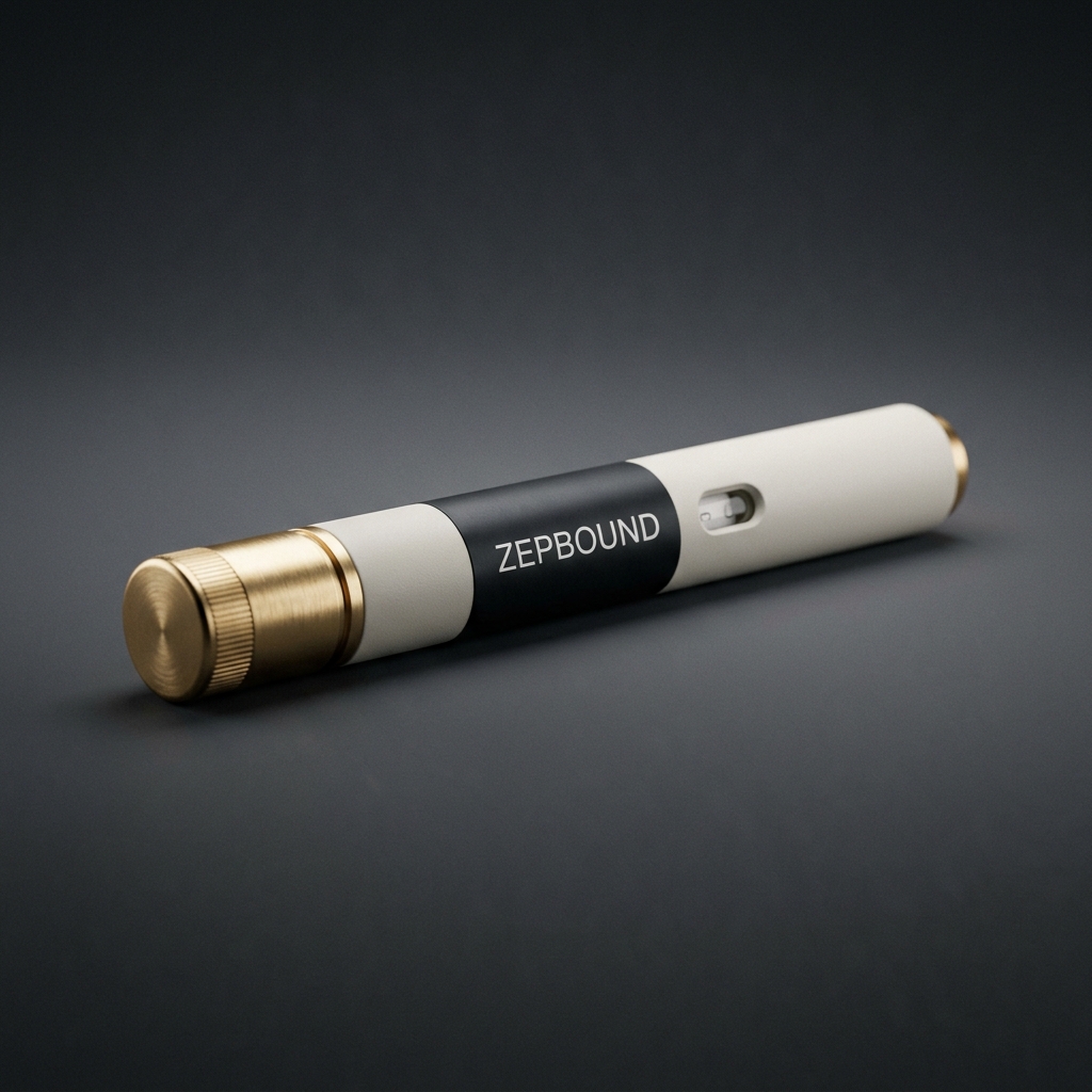 Zepbound compounded medication vial — amber glass with brushed gold cap, photographed on a soft charcoal backdrop.