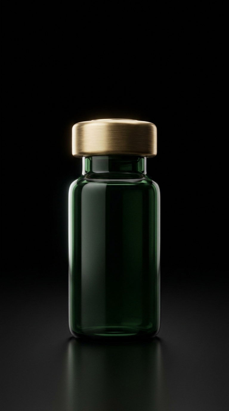 A dark green amber glass medical vial with a brushed brass cap.