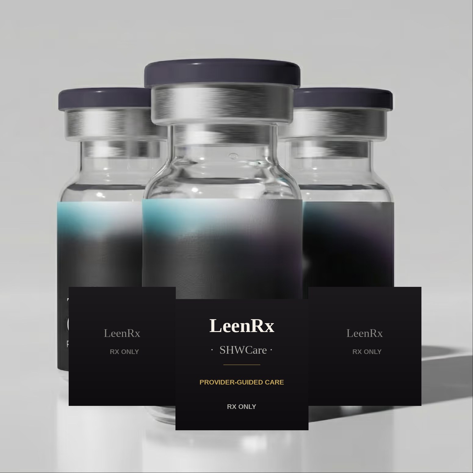 Three LeenRx · SHWCare compounded medication vials photographed on a soft grey backdrop.