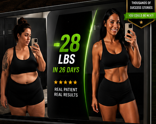 LeenRx patient transformation — 28 pounds lost in 26 days. Before and after side-by-side.